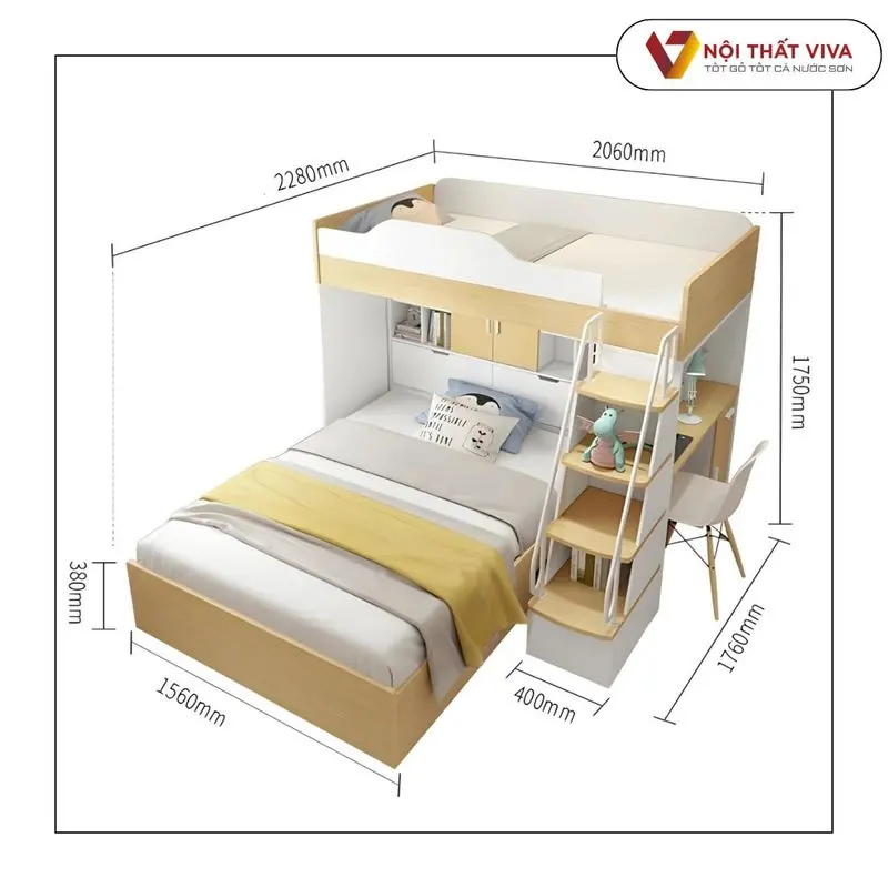 Giường tầng gỗ MDF phủ melamine thiết kế thông minh hiện đại
