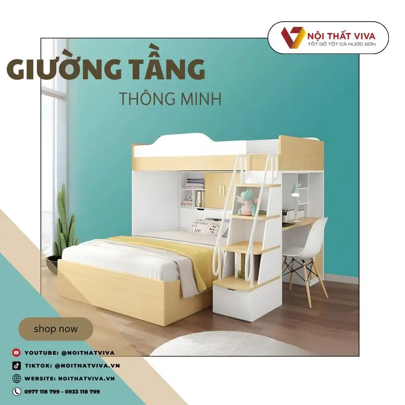 Giường tầng gỗ MDF phủ melamine thiết kế thông minh hiện đại