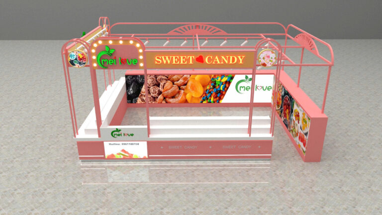 Phối cảnh 3D tổng thể quầy bánh kẹo MELOVE tông hồng nhìn từ trên cao