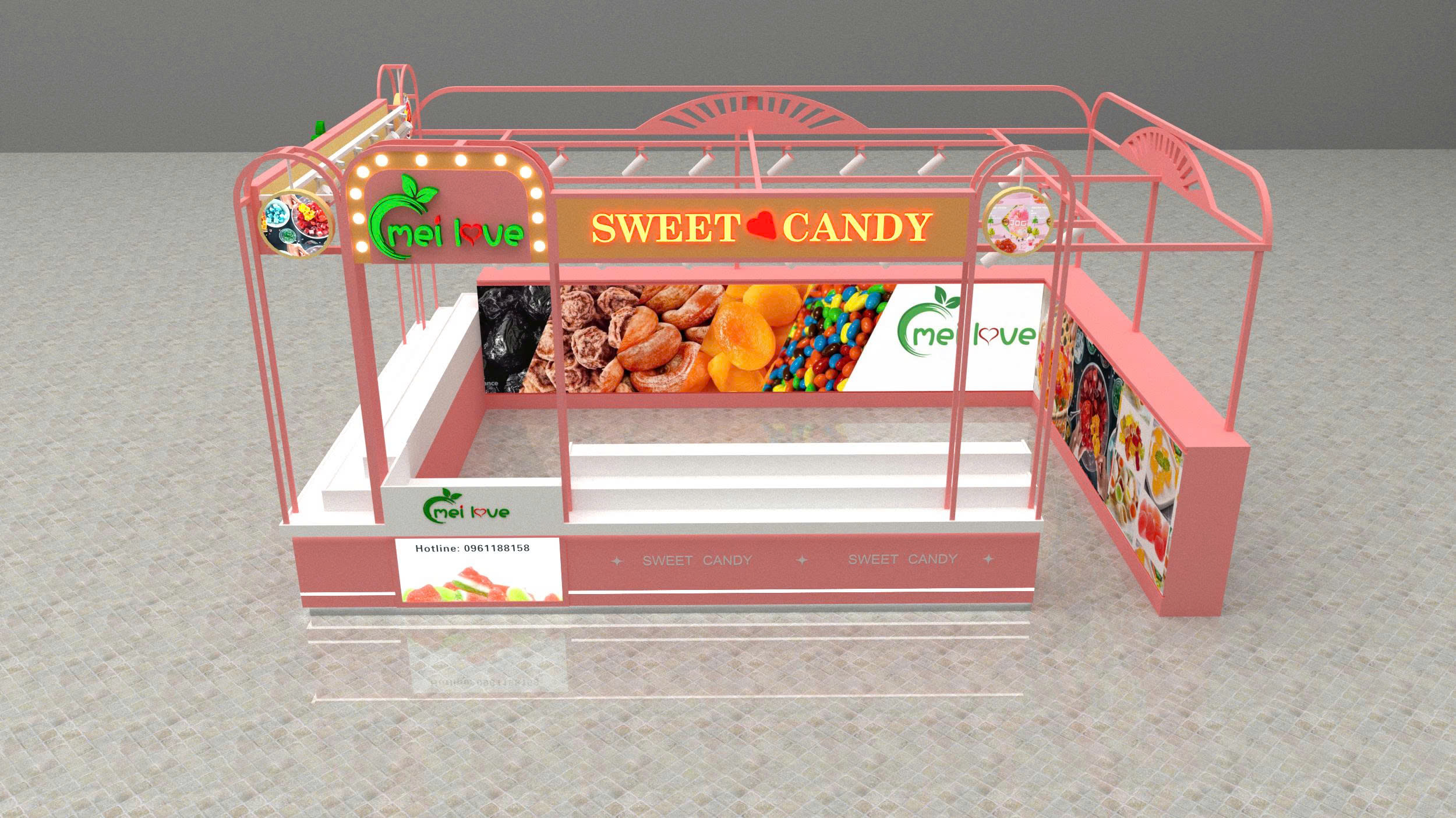 Phối cảnh 3D tổng thể quầy bánh kẹo MELOVE tông hồng nhìn từ trên cao