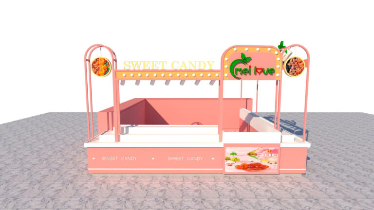 Phối cảnh mặt trước quầy bán bánh kẹo MELOVE với logo và bảng SWEET CANDY