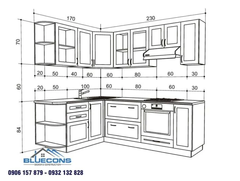 Tủ bếp chữ L có kích thước khá đa dạng