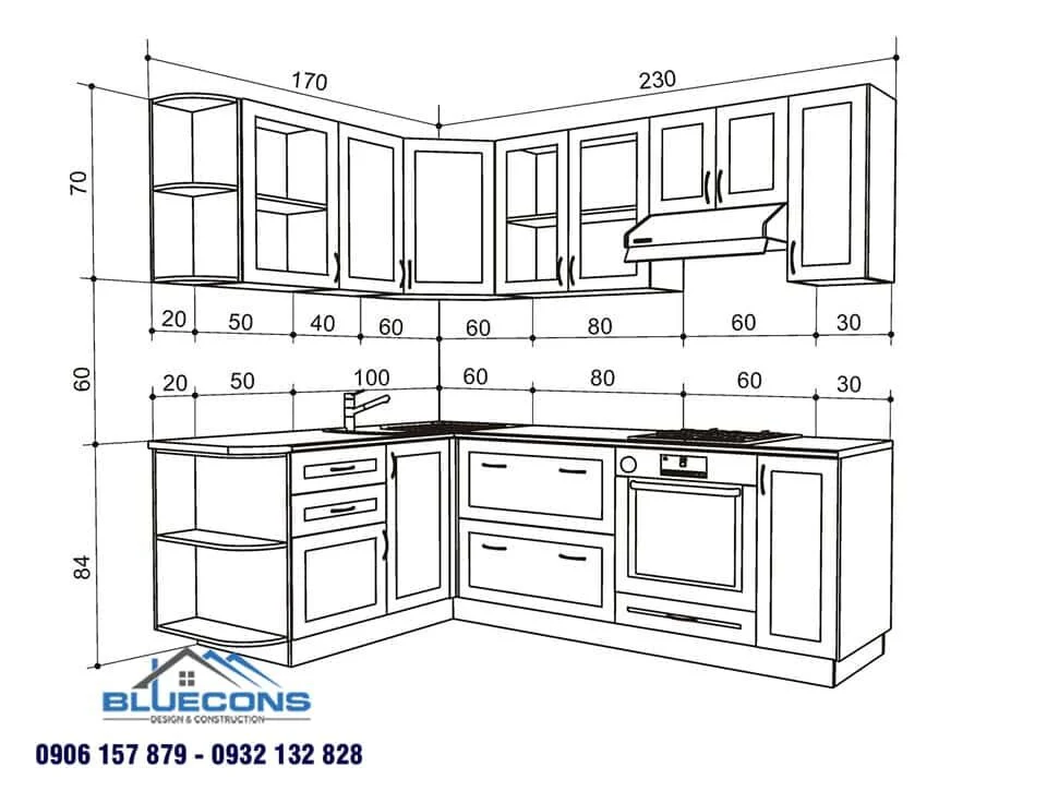 Tủ bếp chữ L có kích thước khá đa dạng
