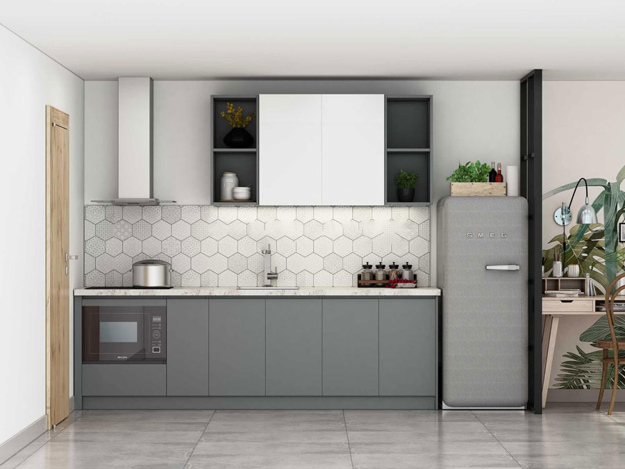 Tủ bếp chữ i dài 3m với gam màu trang nhã tiết kiệm diện tích tối đa cho khu bếp nhỏ nhà chung cư.