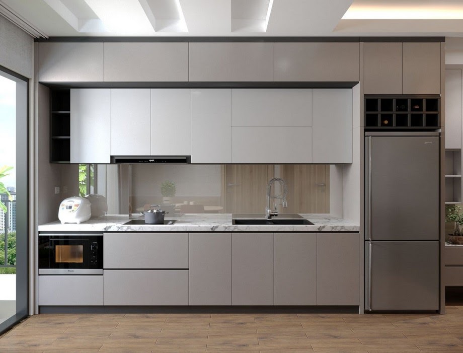 Kích thước tủ bếp treo tường 8 Căn bếp nhỏ trở nên tiện nghi hơn với mẫu tủ bếp treo tường chữ I đơn giản