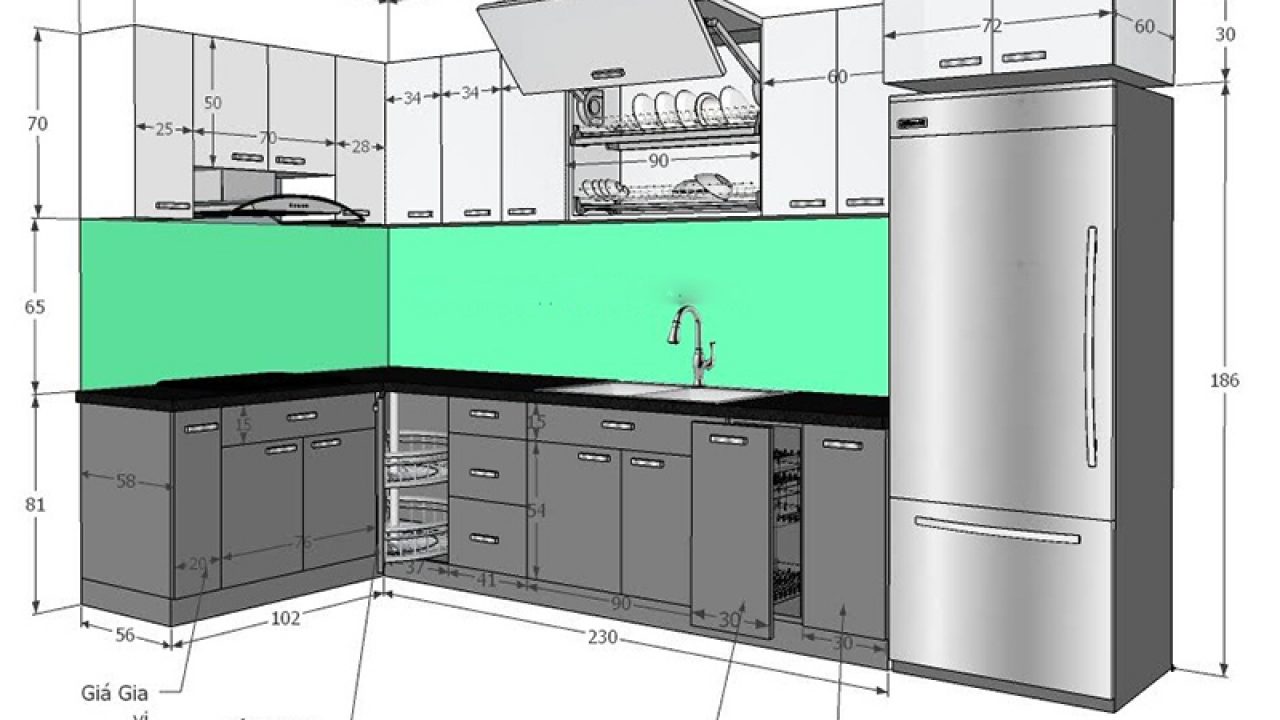 Kích thước tủ bếp treo tường 4 Kích thước tổng thể tủ bếp