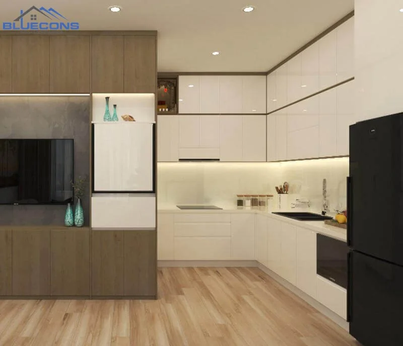Bản vẽ 3D thiết kế tủ bếp có bàn thờ 