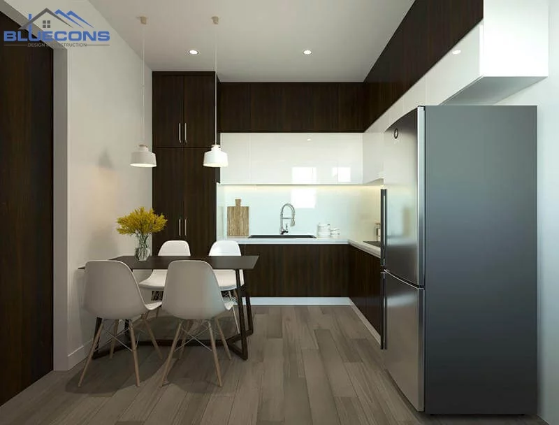 Bản vẽ 3D tủ bếp nối phòng ăn