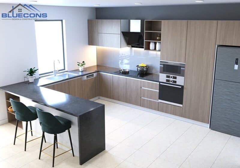 99+ mẫu thiết kế nhà bếp đẹp, tối ưu hóa không gian 38 Thiết kế nhà bếp với tủ gỗ công nghiệp chữ U