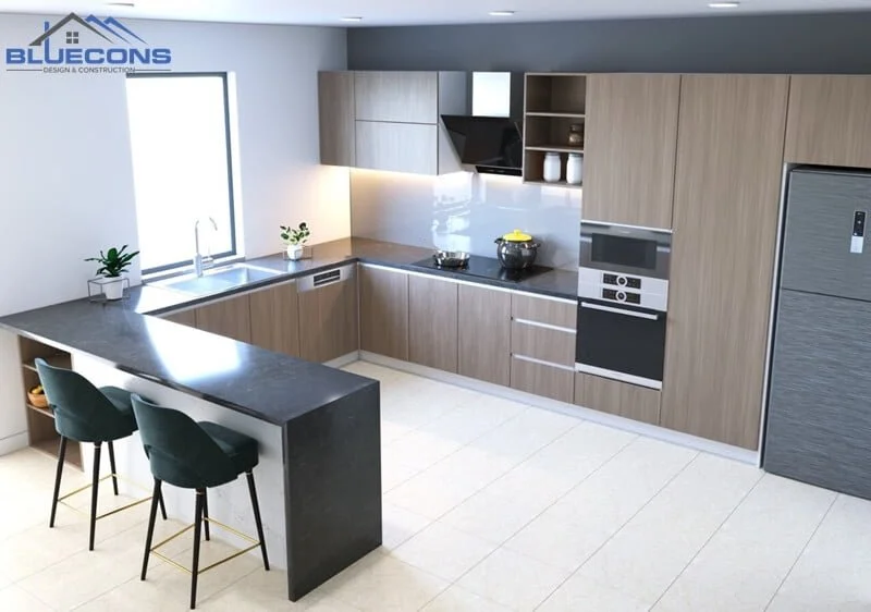 Thiết kế nhà bếp với tủ gỗ công nghiệp chữ U