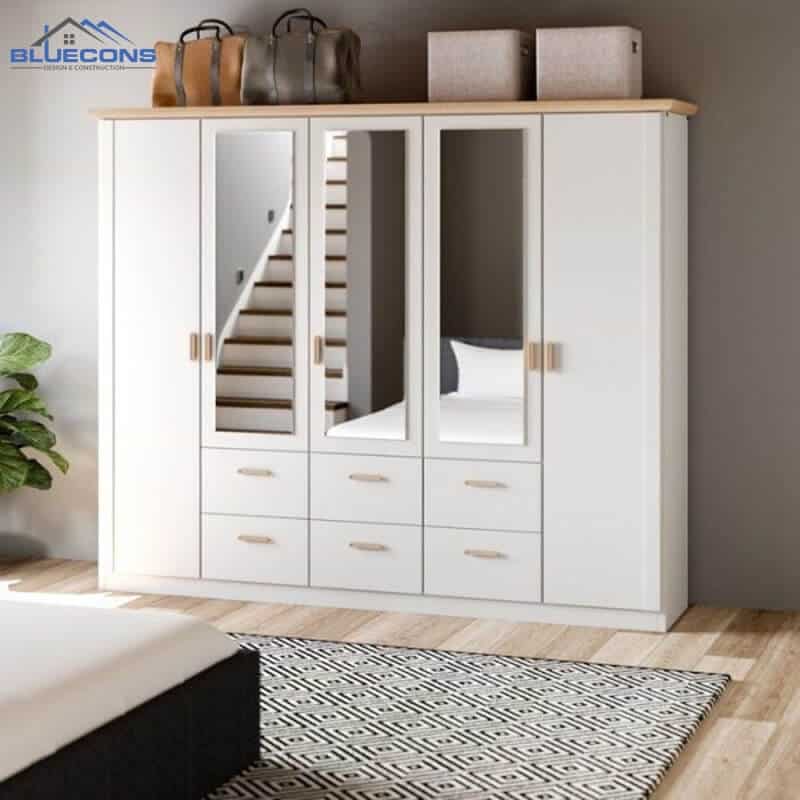 Thiết kế tủ quần áo gỗ công nghiệp 5 cánh có gương soi