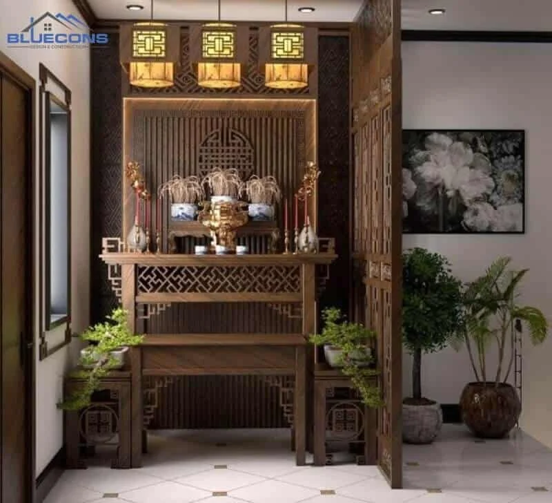 Thiết kế tủ thờ gỗ công nghiệp với họa tiết nổi bật
