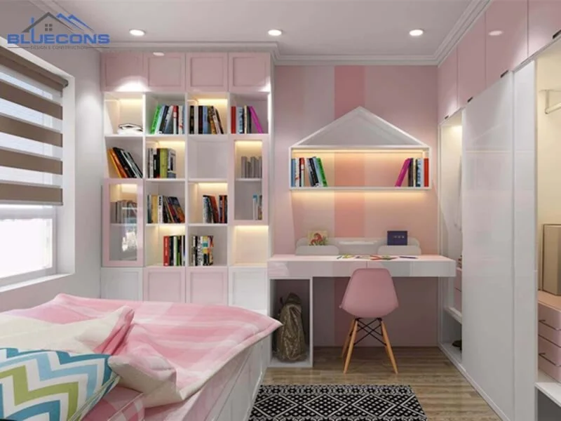 Bàn học gỗ công nghiệp kết hợp kệ sách màu hồng