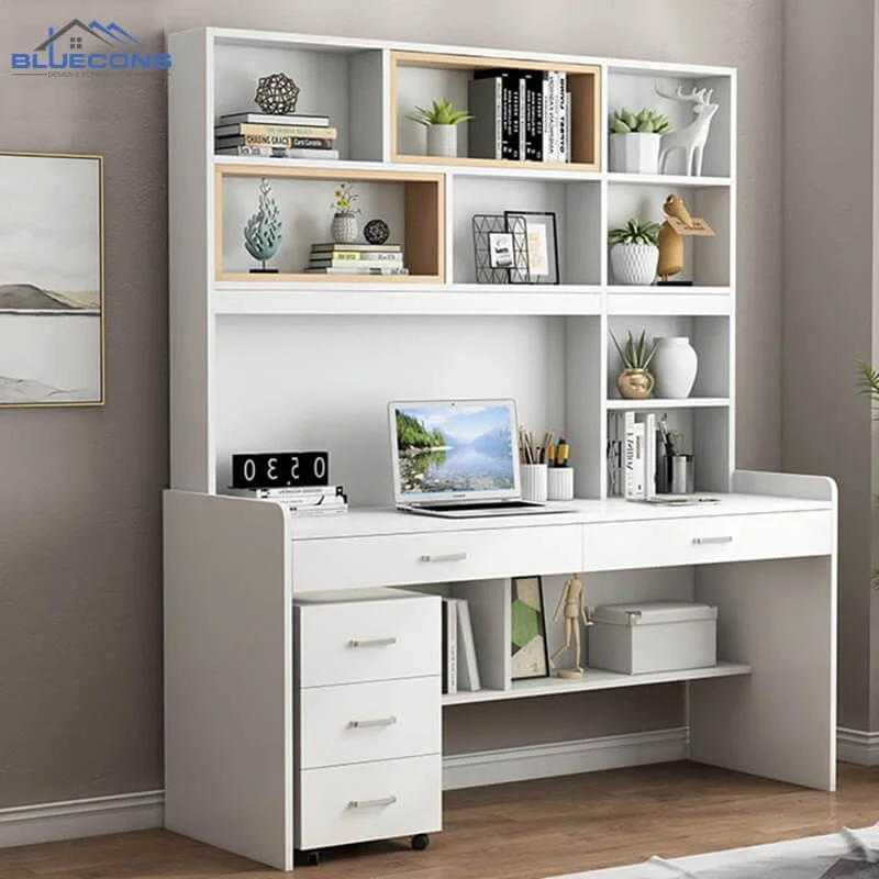 Bàn học gỗ công nghiệp màu trắng kết hợp kệ sách