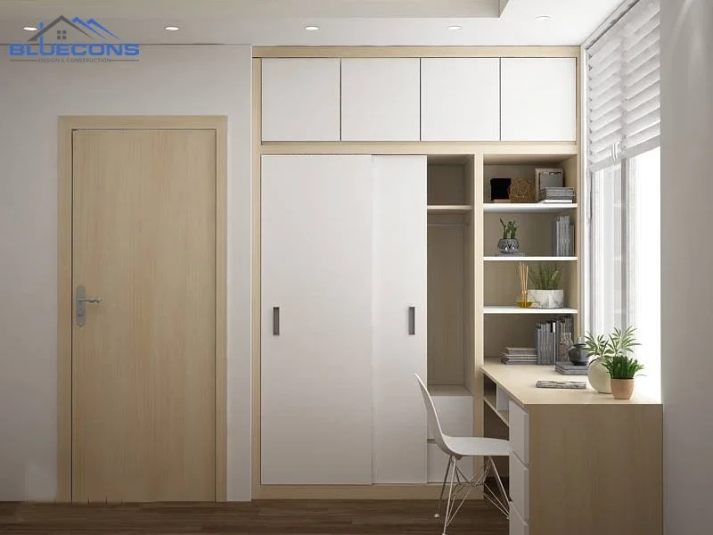 Hình ảnh bàn học gỗ công nghiệp kết hợp tủ quần áo tiện lợi