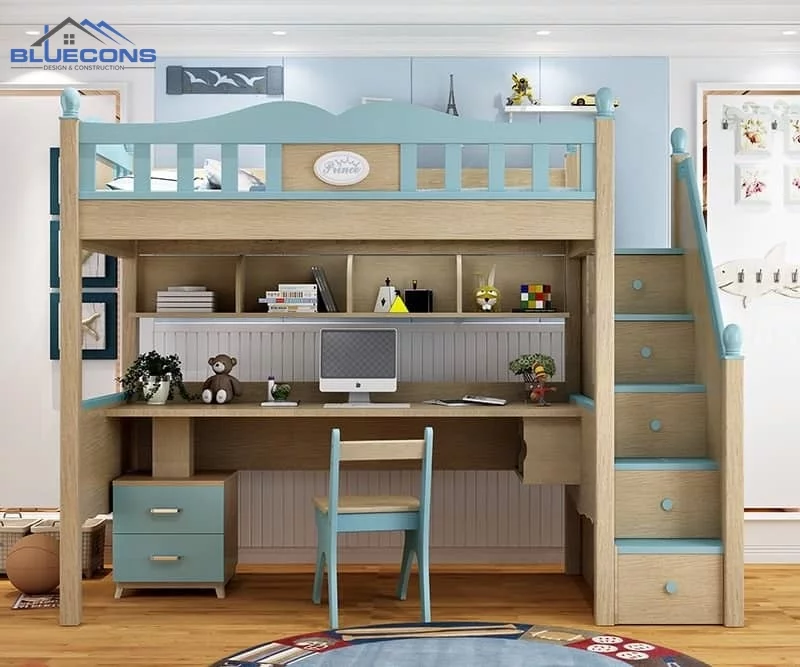 Mẫu bàn học gỗ công nghiệp kết hợp giường tầng màu xanh