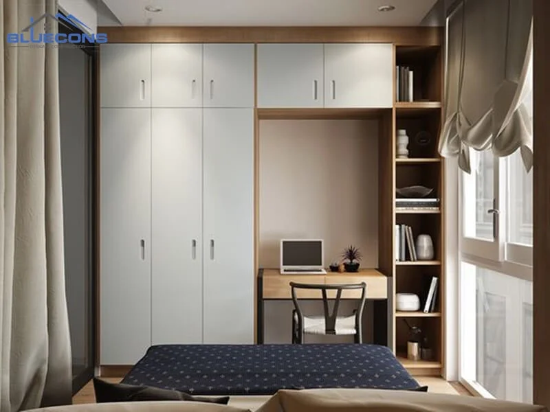 Thiết kế bàn học kết hợp tủ quần áo và kệ sách