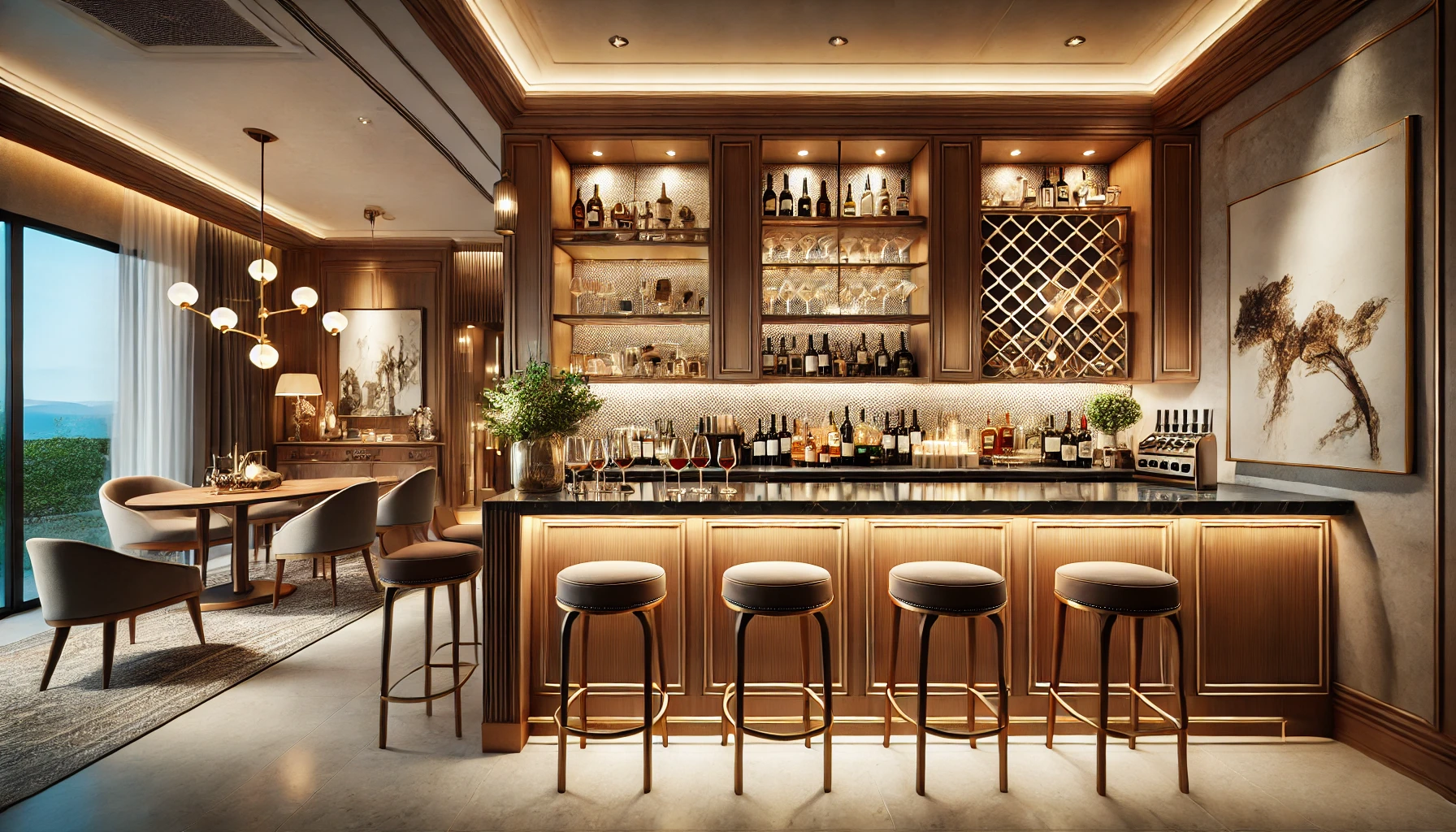 DALL·E-2024-11-24-15.57.10-A-luxurious-and-stylish-family-home-bar-with-elegant-wooden-cabinetry-a-sleek-marble-countertop-ambient-lighting-and-tasteful-decor.-The- Quầy Bar Gia Đình Đẹp