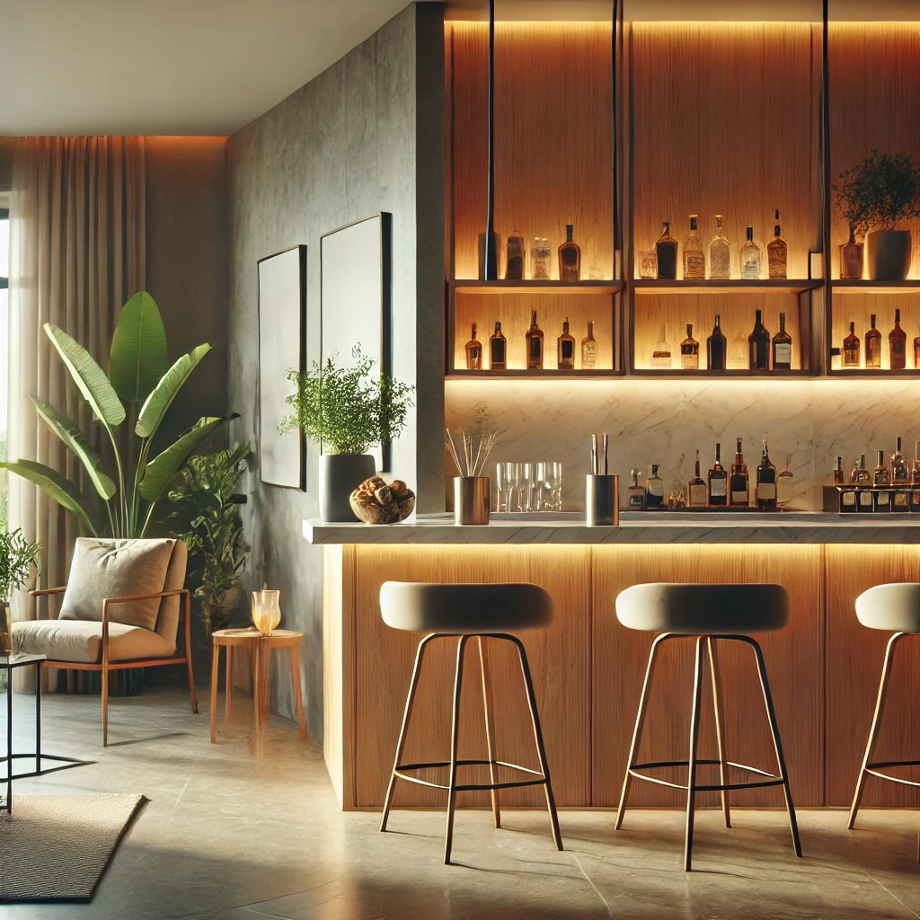 DALL·E-2024-11-24-15.57.45-A-modern-family-home-bar-in-a-cozy-living-room-with-minimalist-wooden-shelves-a-marble-countertop-and-sleek-bar-stools.-The-lighting-is- Quầy Bar Gia Đình Đẹp