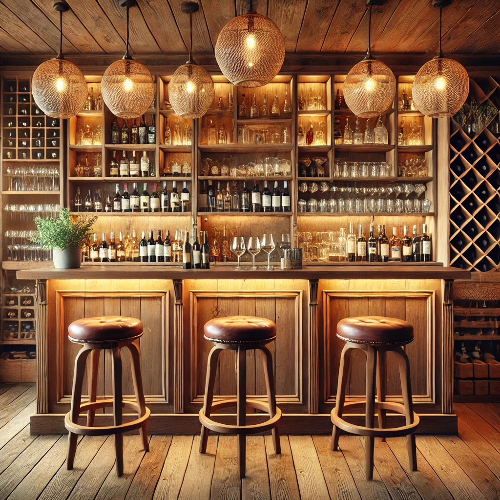 DALL·E-2024-11-24-15.57.54-A-rustic-style-family-bar-with-wooden-panels-hanging-lights-and-a-cozy-ambiance.-The-bar-features-shelves-stocked-with-bottles-and-glass Quầy Bar Gia Đình Đẹp