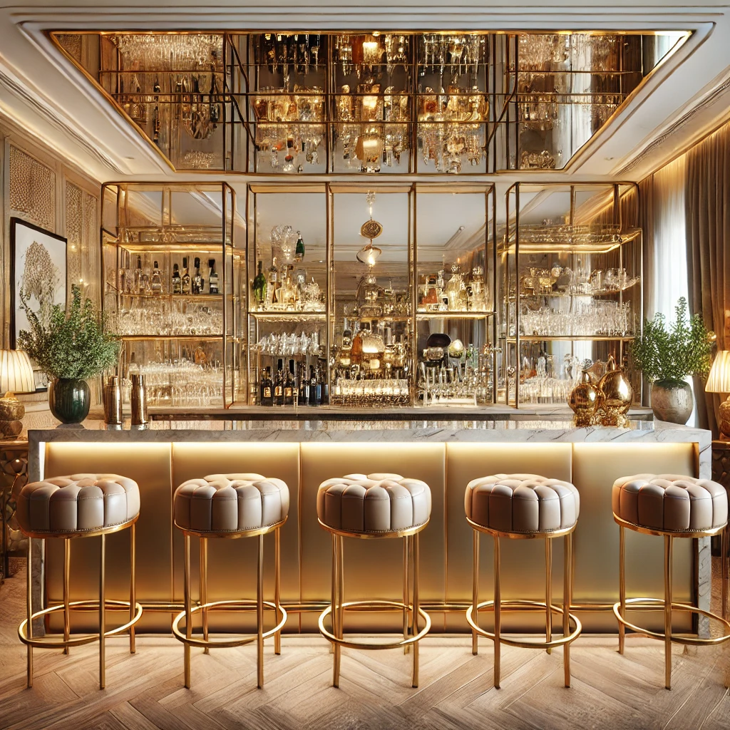 DALL·E-2024-11-24-15.58.02-A-luxurious-home-bar-with-golden-accents-glass-shelves-and-a-large-mirror-backdrop.-The-bar-features-marble-countertops-high-end-leathe Quầy Bar Gia Đình Đẹp