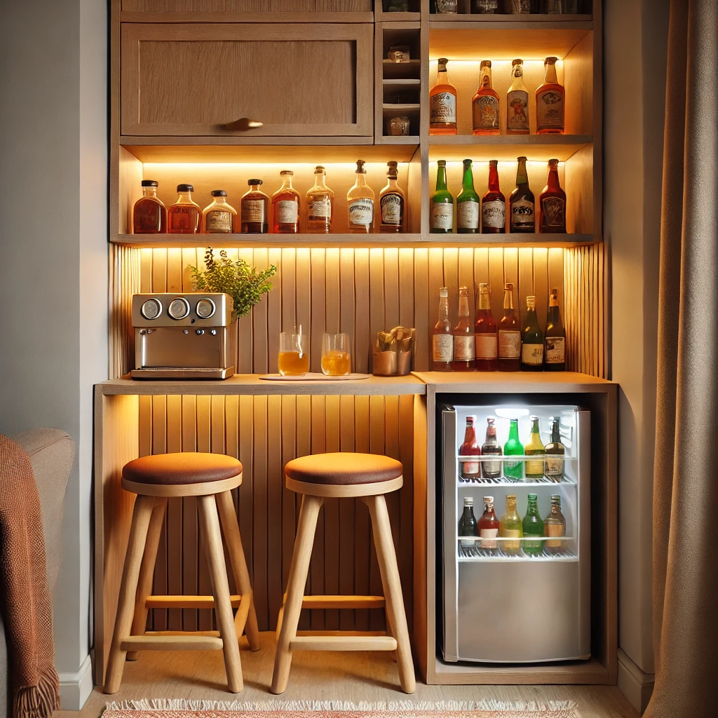 DALL·E-2024-11-24-15.58.18-A-small-and-cozy-home-bar-setup-in-a-corner-with-compact-wooden-furniture-warm-lighting-and-colorful-bottles-arranged-neatly.-The-bar-i Quầy Bar Gia Đình Đẹp
