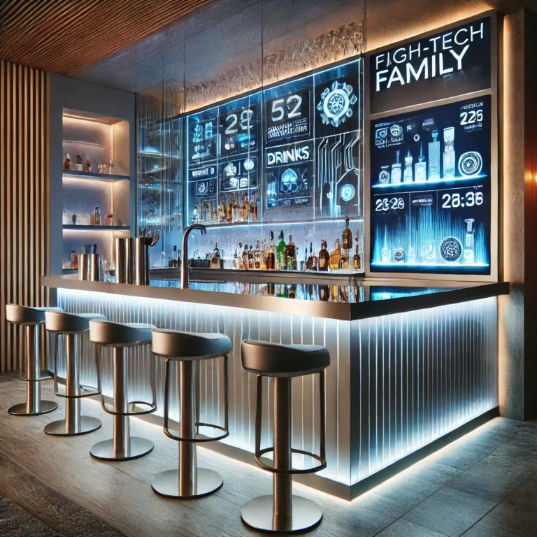 DALL·E-2024-11-24-15.58.28-A-high-tech-contemporary-family-bar-with-LED-lighting-glass-shelves-and-a-sleek-metallic-countertop.-The-bar-is-integrated-with-modern-g-768x768 Quầy Bar