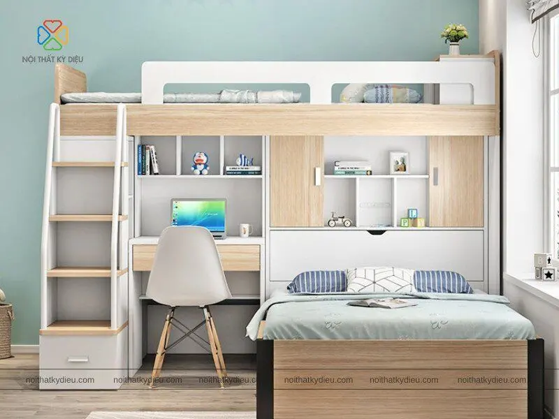 Giường kết hợp với bàn học và kệ tủ với phong cách hiện đại và sang trọng vô cùng mạnh mẽ