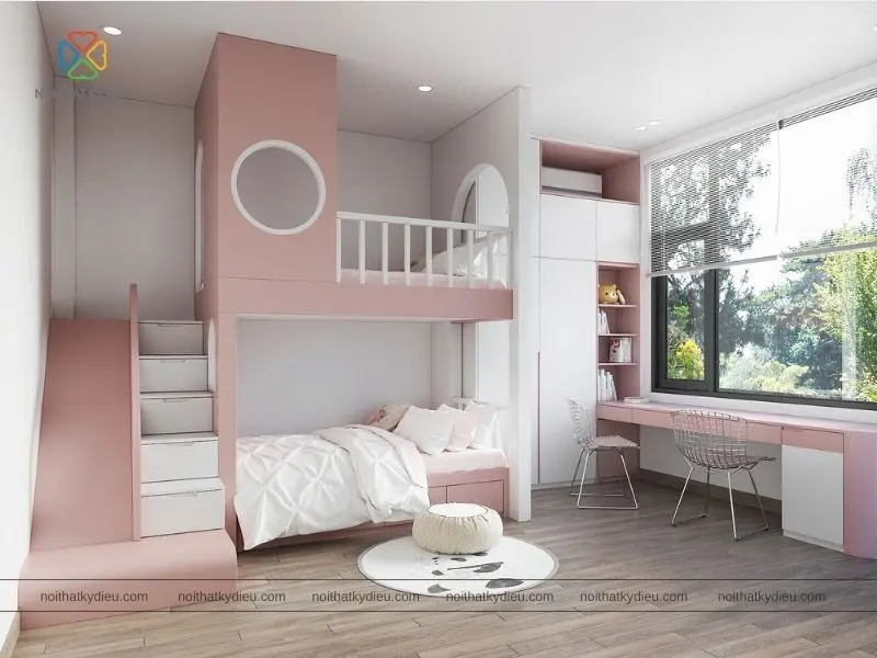 Giường tầng kết hợp tủ quần áo cho bé gái