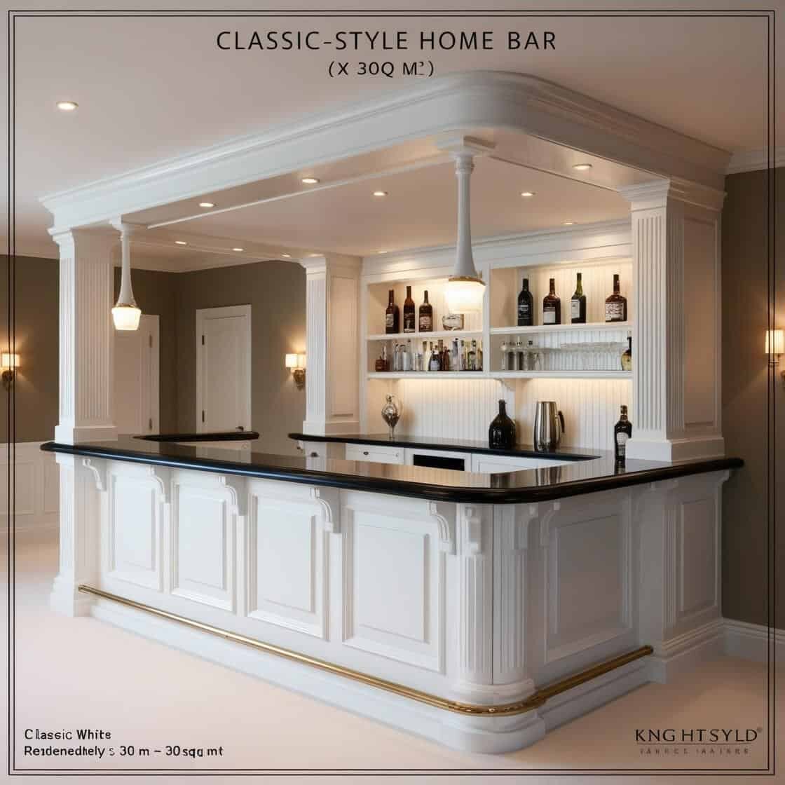 Quầy Bar Gia đình Phong Cách Cổ điển 30m2 Tông Trắng (1)