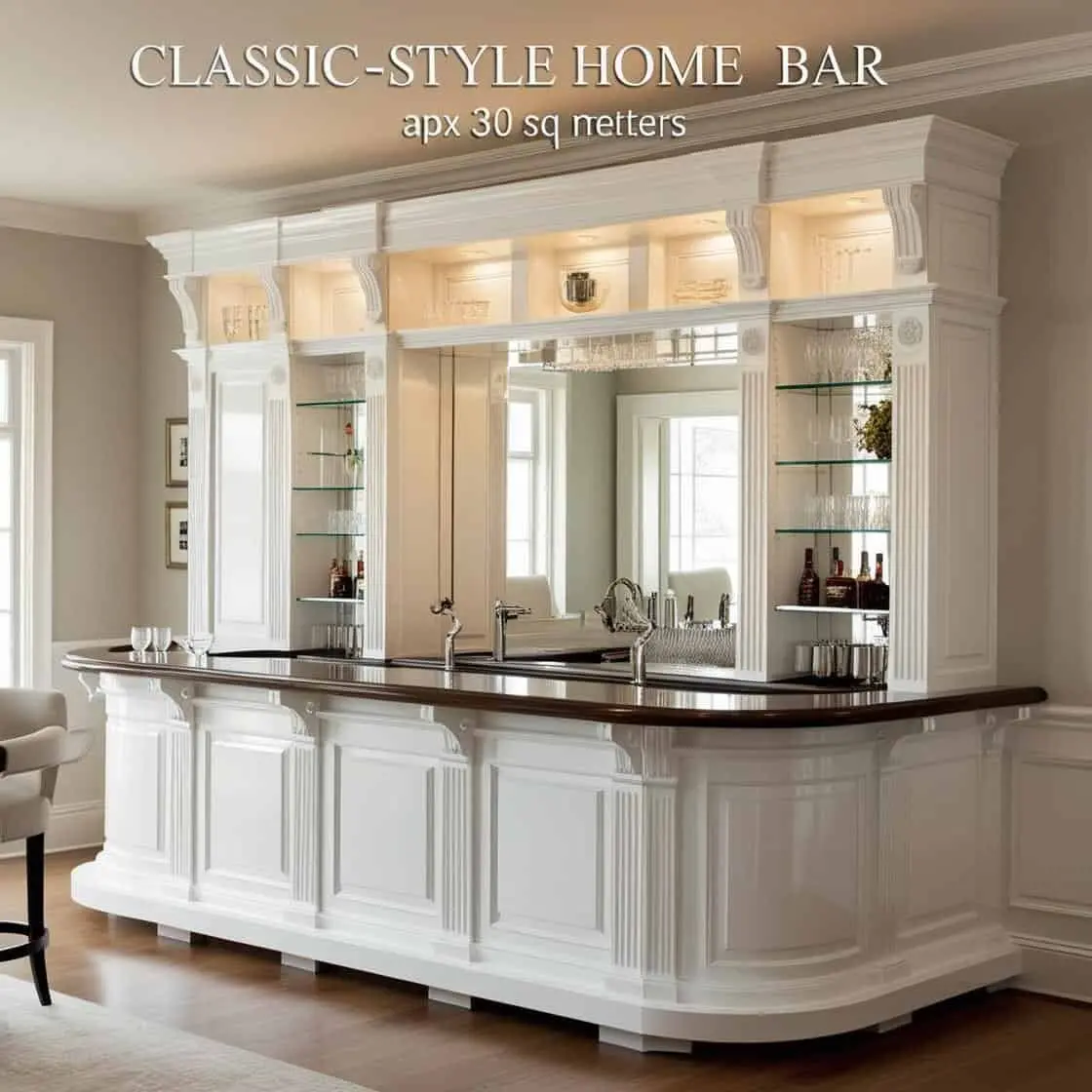 Quầy bar gia đình phong cách cổ điển 30m2 tông trắng (2) Quầy Bar Gia đình Phong Cách Cổ điển 30m2 Tông Trắng (2)