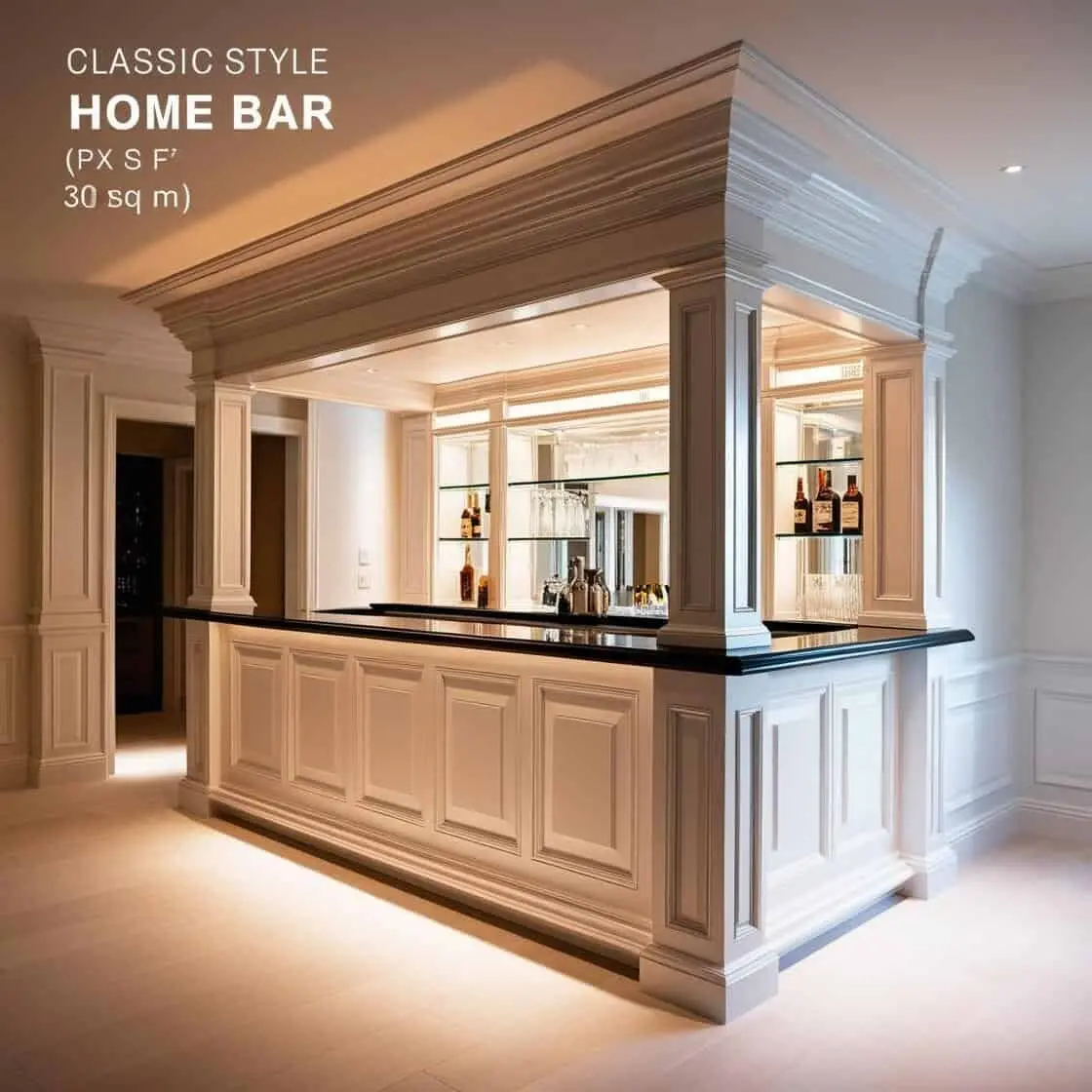 Quầy bar gia đình phong cách cổ điển 30m2 tông trắng (3) Quầy Bar Gia đình Phong Cách Cổ điển 30m2 Tông Trắng (3)