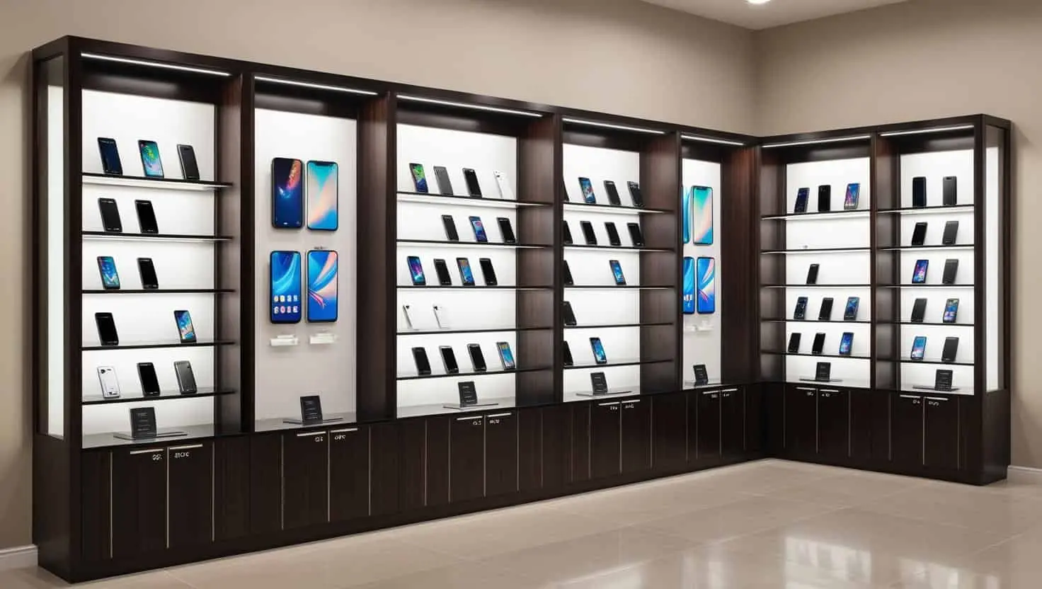 Tủ trưng bày cho cửa hàng điện thoại 10m2 (13) Tủ trưng bày cho cửa hàng điện thoại 10m2 (13)