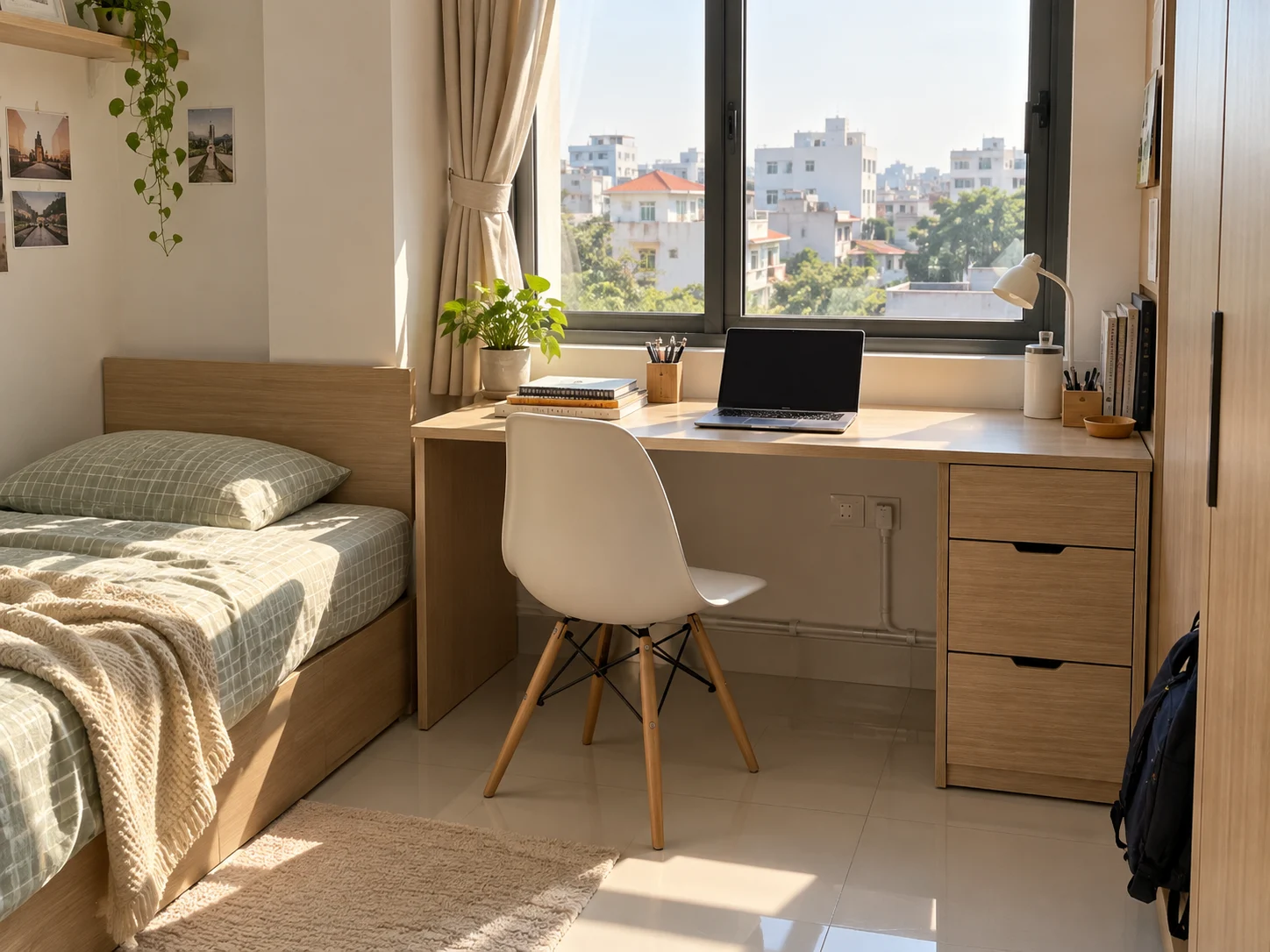 Bàn làm việc gỗ sáng đặt cạnh cửa sổ trong phòng trọ nhỏ
