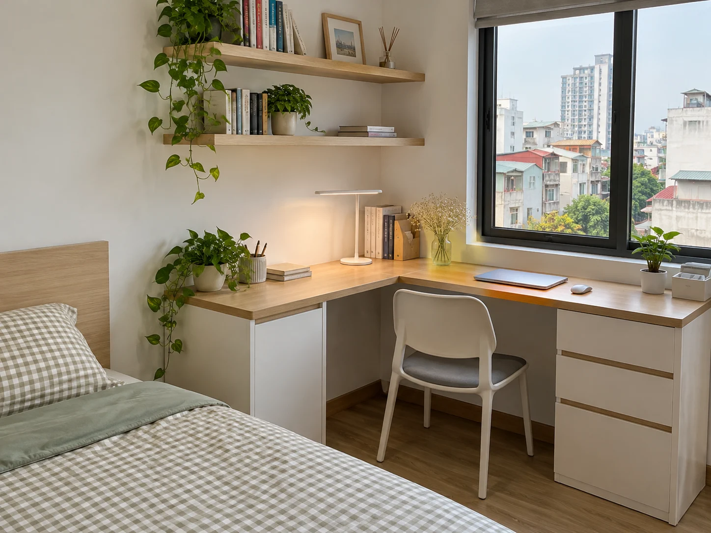 Bàn làm việc chữ L trong phòng trọ với kệ sách treo tường