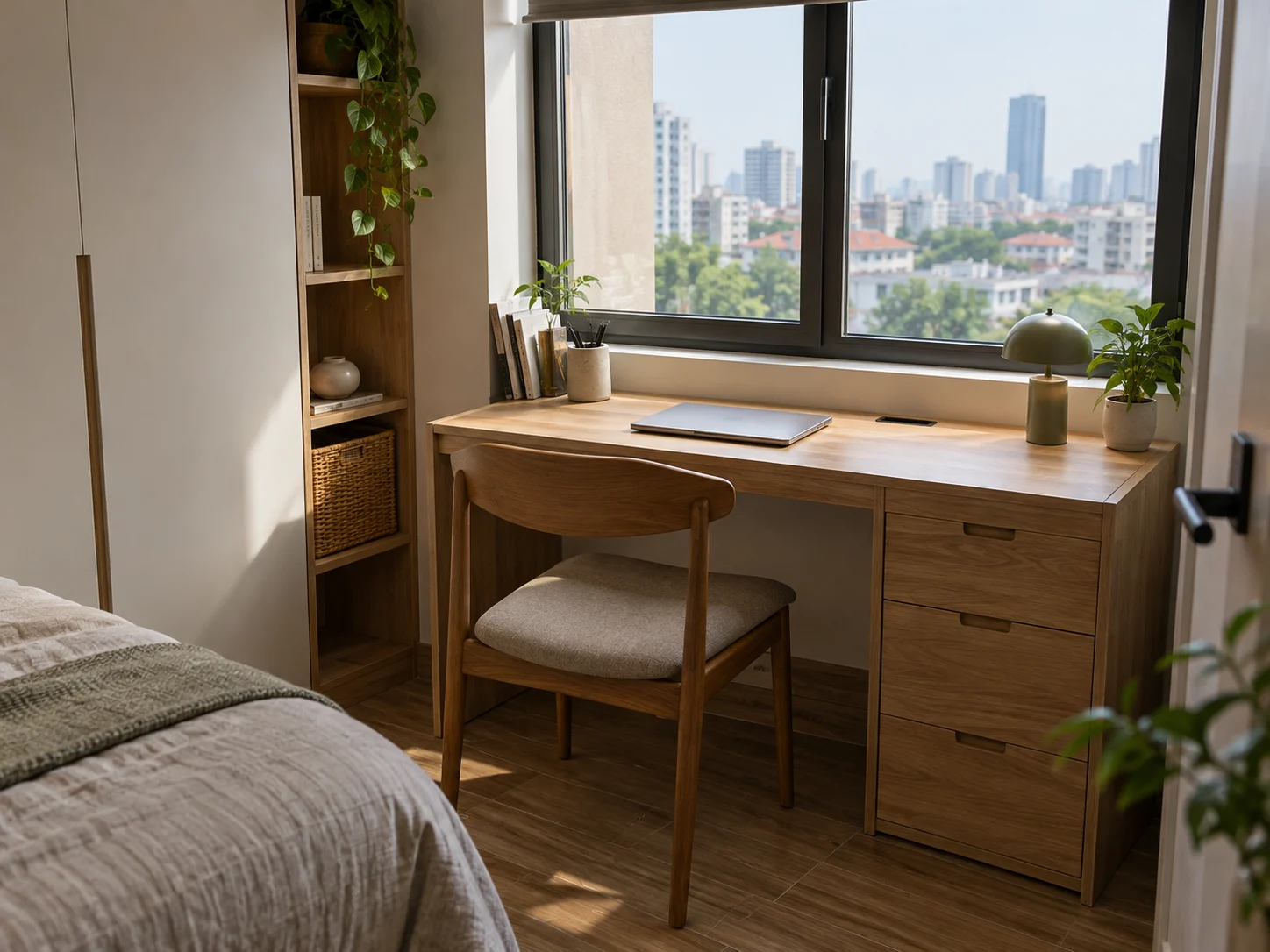 Bàn làm việc nhỏ có ngăn kéo đặt dưới cửa sổ phòng trọ