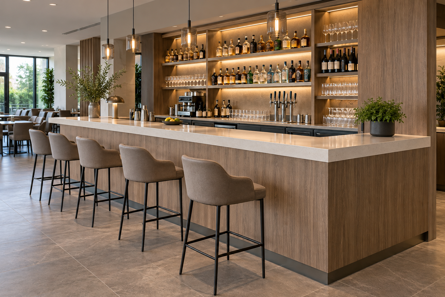 Ảnh AI minh họa: Quầy bar gỗ công nghiệp với mặt tiền vân gỗ
