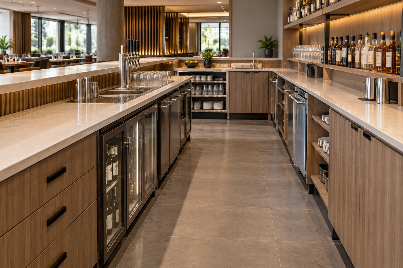 Ảnh AI minh họa: Khoang tủ quầy bar gỗ công nghiệp và vùng rửa tách biệt