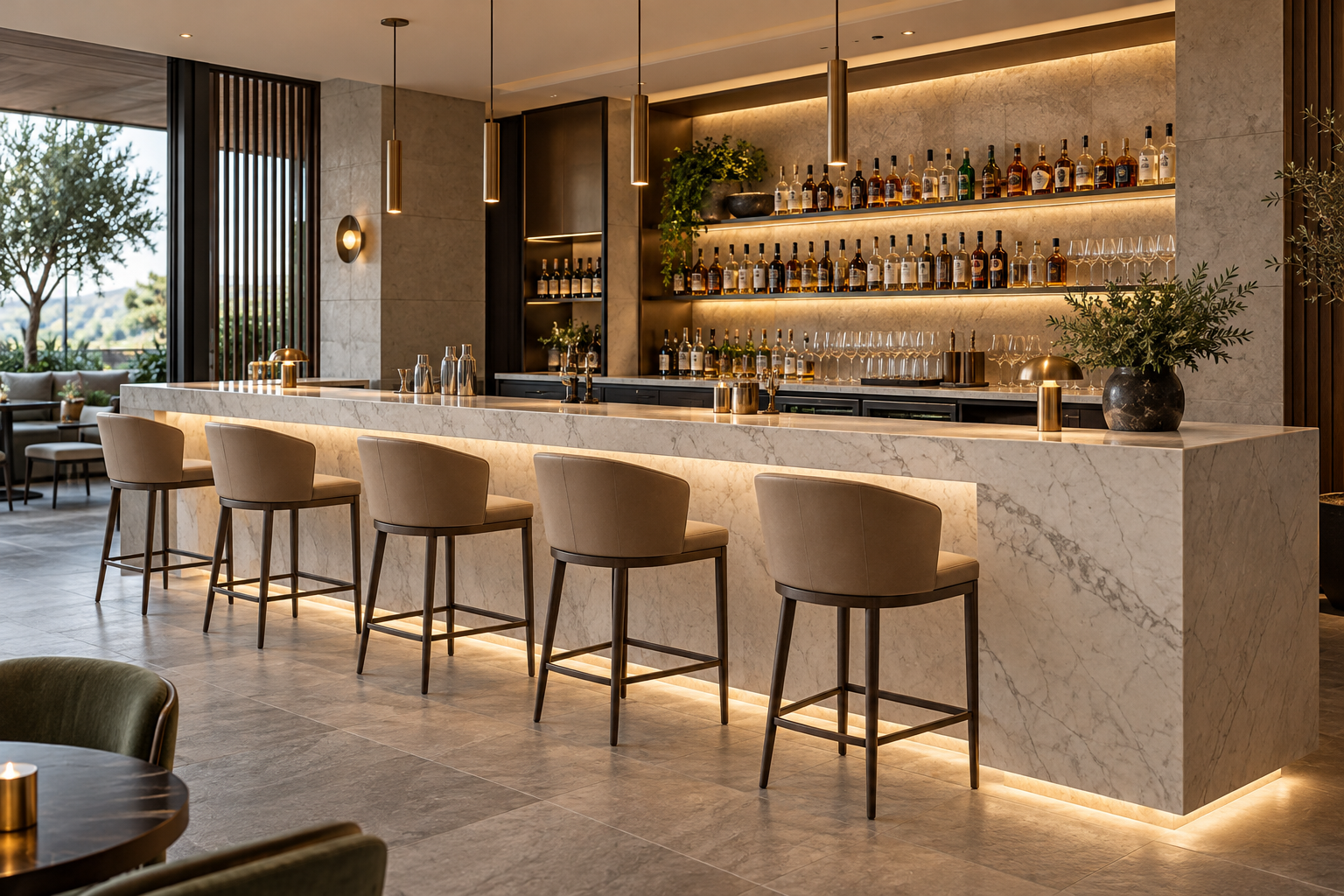 Ảnh AI minh họa: Quầy bar mặt đá sáng màu trong không gian hiện đại