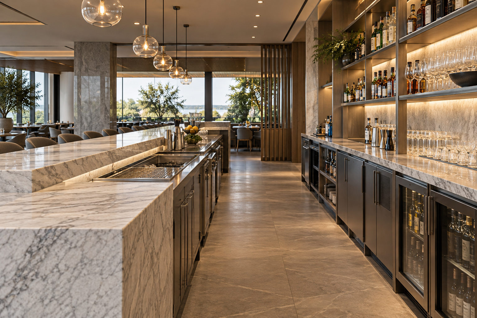 Ảnh AI minh họa: Mặt thao tác và khoang thiết bị phía sau quầy bar đá