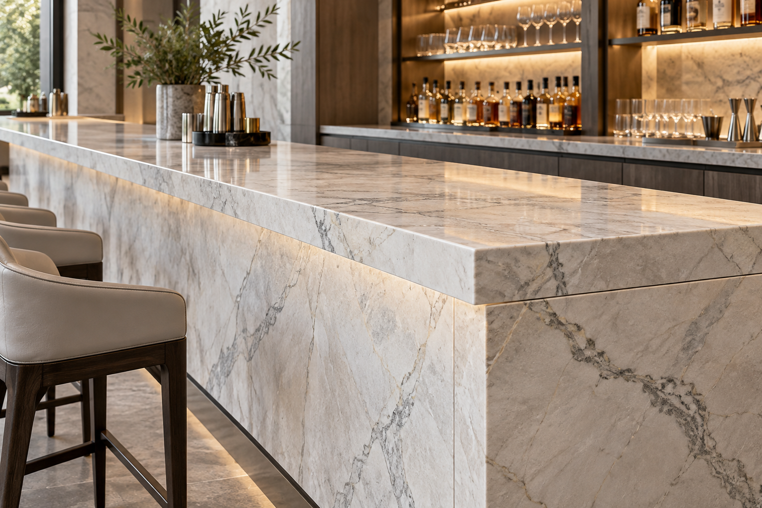 Ảnh AI minh họa: Chi tiết góc nối và cạnh mặt quầy bar đá