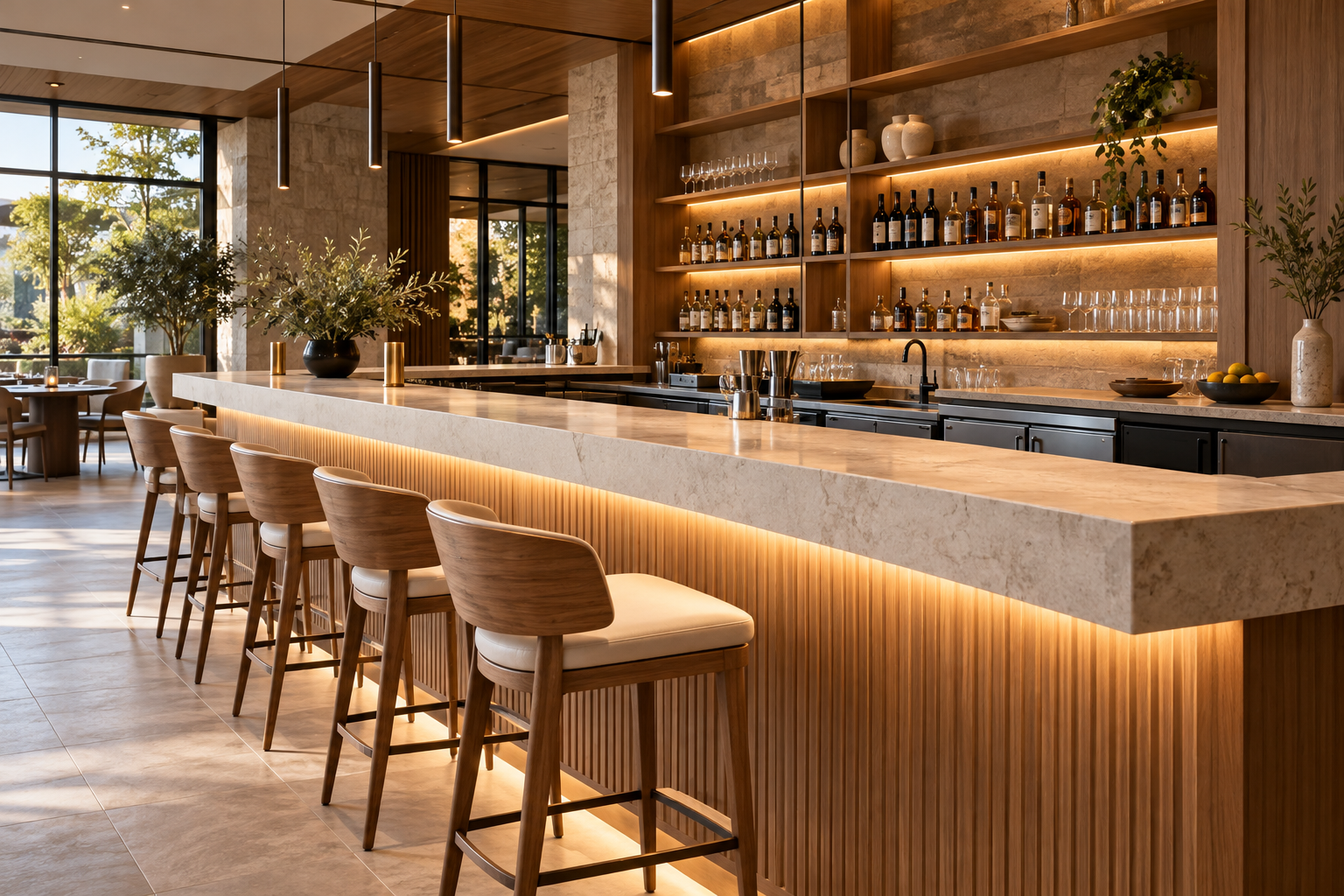 Ảnh AI minh họa: Quầy bar hai cao độ phân biệt khách và nhân viên