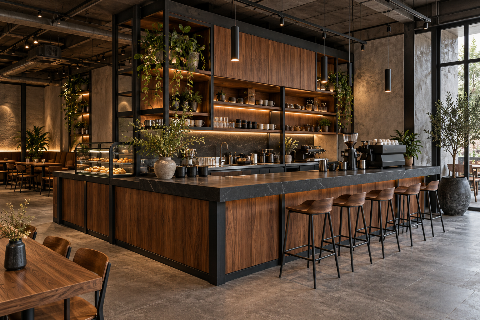 Ảnh AI minh họa Quầy gỗ ốp đá kết hợp khung sắt trong không gian cafe