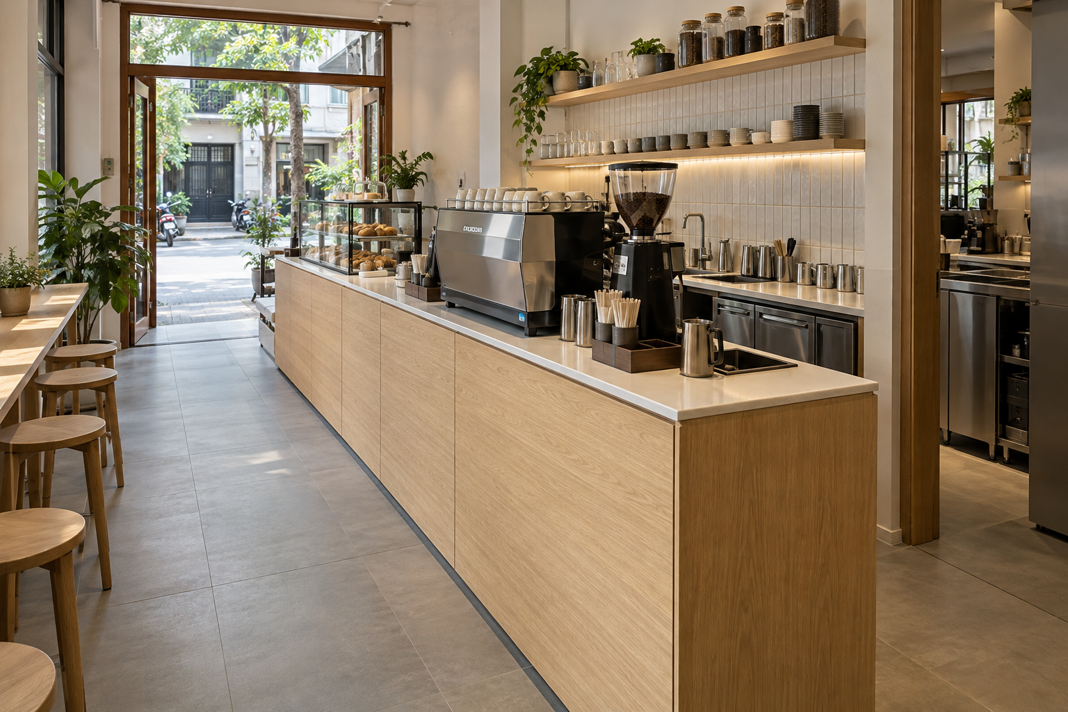 Ảnh AI minh họa Quầy cafe thẳng trong mặt bằng hẹp