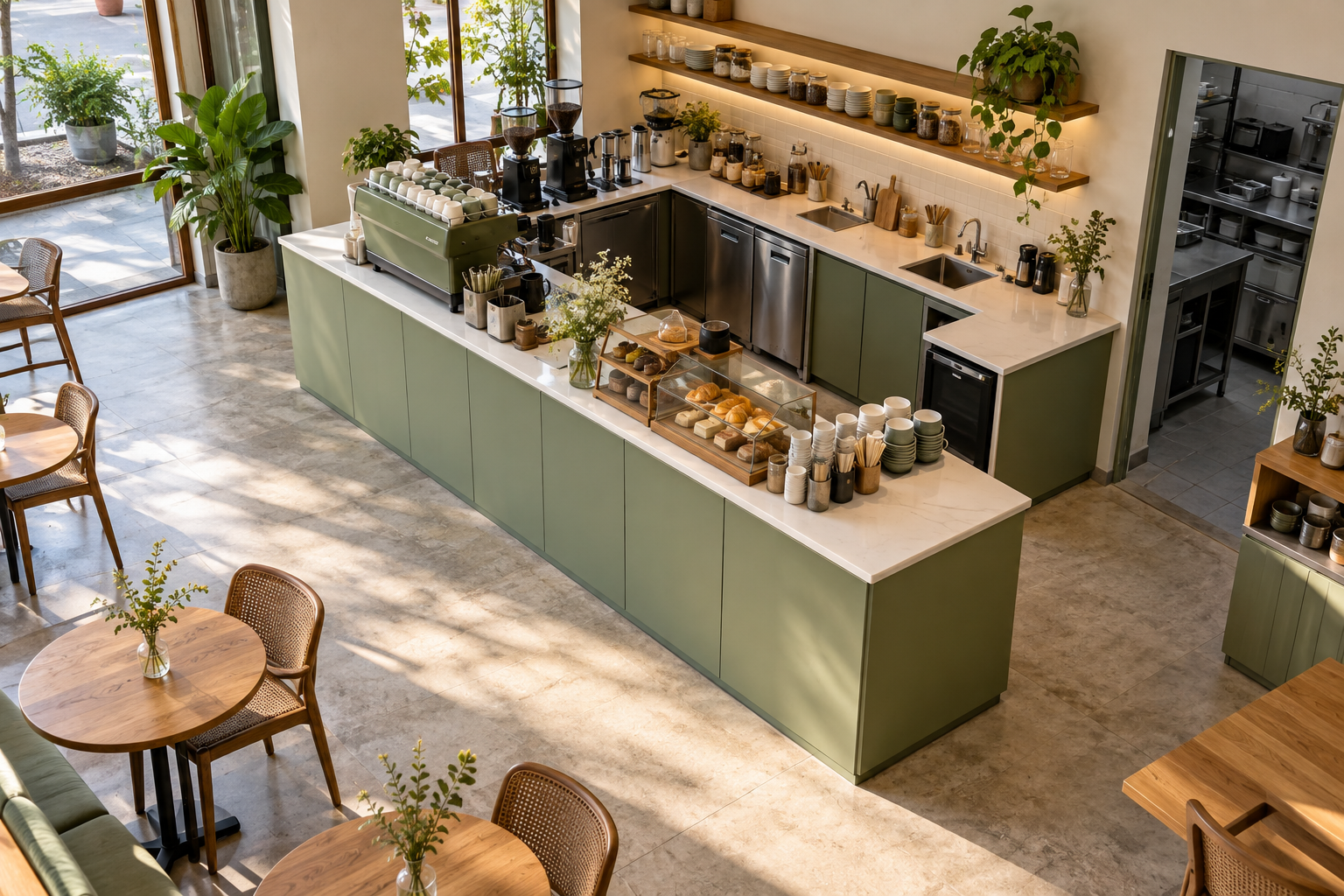 Ảnh AI minh họa Bố trí quầy cafe với nhiều mặt thao tác