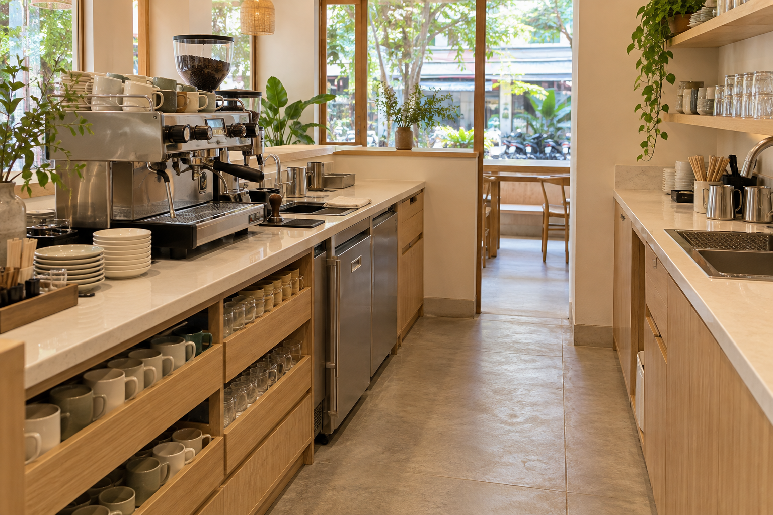 Ảnh AI minh họa Khoang thiết bị và lối làm việc quầy cafe nhỏ