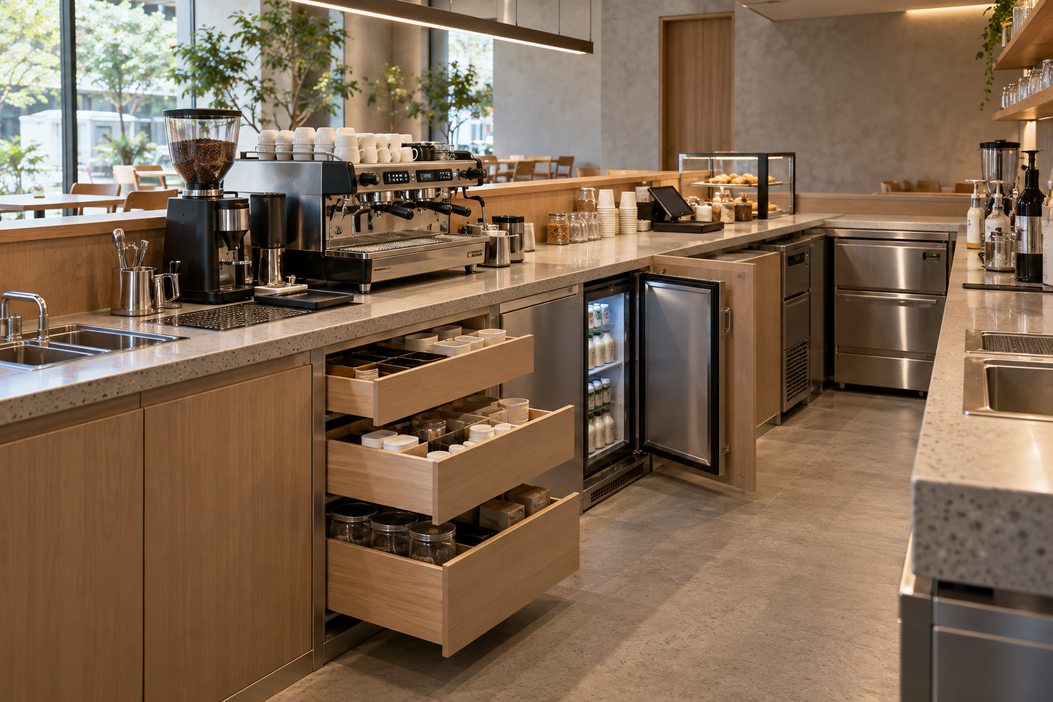 Ảnh AI minh họa Khoang lưu trữ và thiết bị quầy cafe