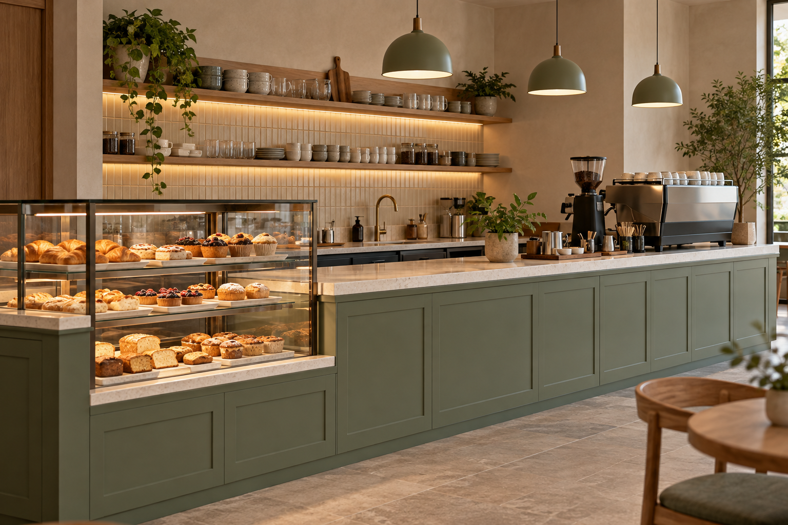 Ảnh AI minh họa Quầy cafe kết hợp tủ trưng bày bánh