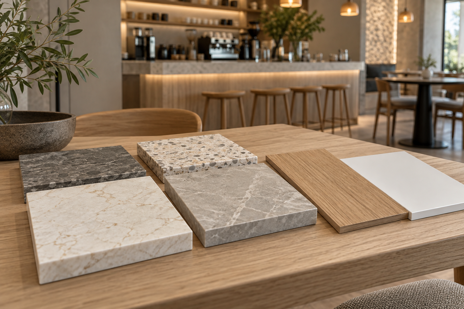 Ảnh AI minh họa Mẫu vật liệu để chọn đá ốp quầy bar
