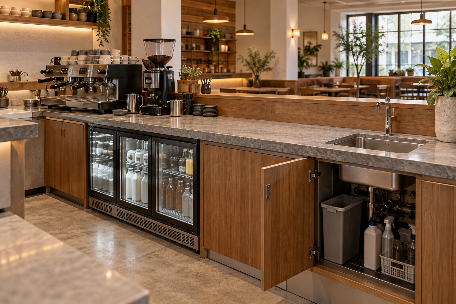 Ảnh AI minh họa Kiểm tra khoang kỹ thuật bên trong quầy bar ốp đá